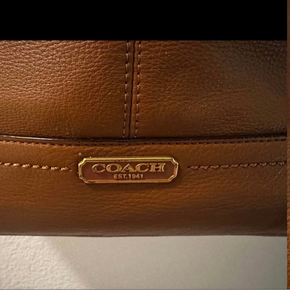 Coach Tan Leather Tote with Red Charm Accent - Picture 2 of 4